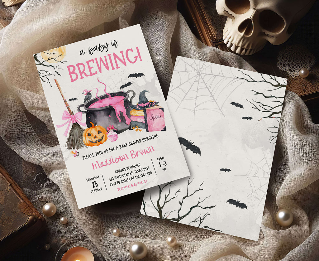 Baby Girl is Brewing Invitation | Pink Halloween Pumpkin & Witch Cauldron Design