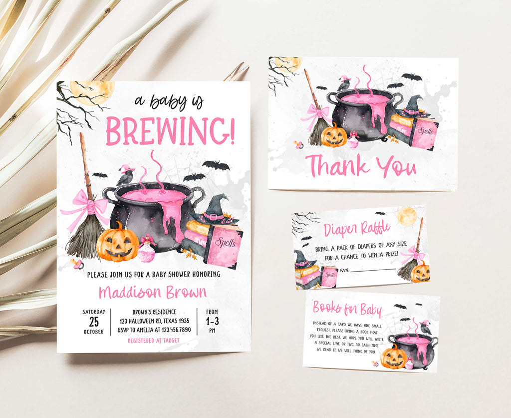 Baby girl is brewing invitation set, pink Halloween baby shower with pumpkin and witch cauldron