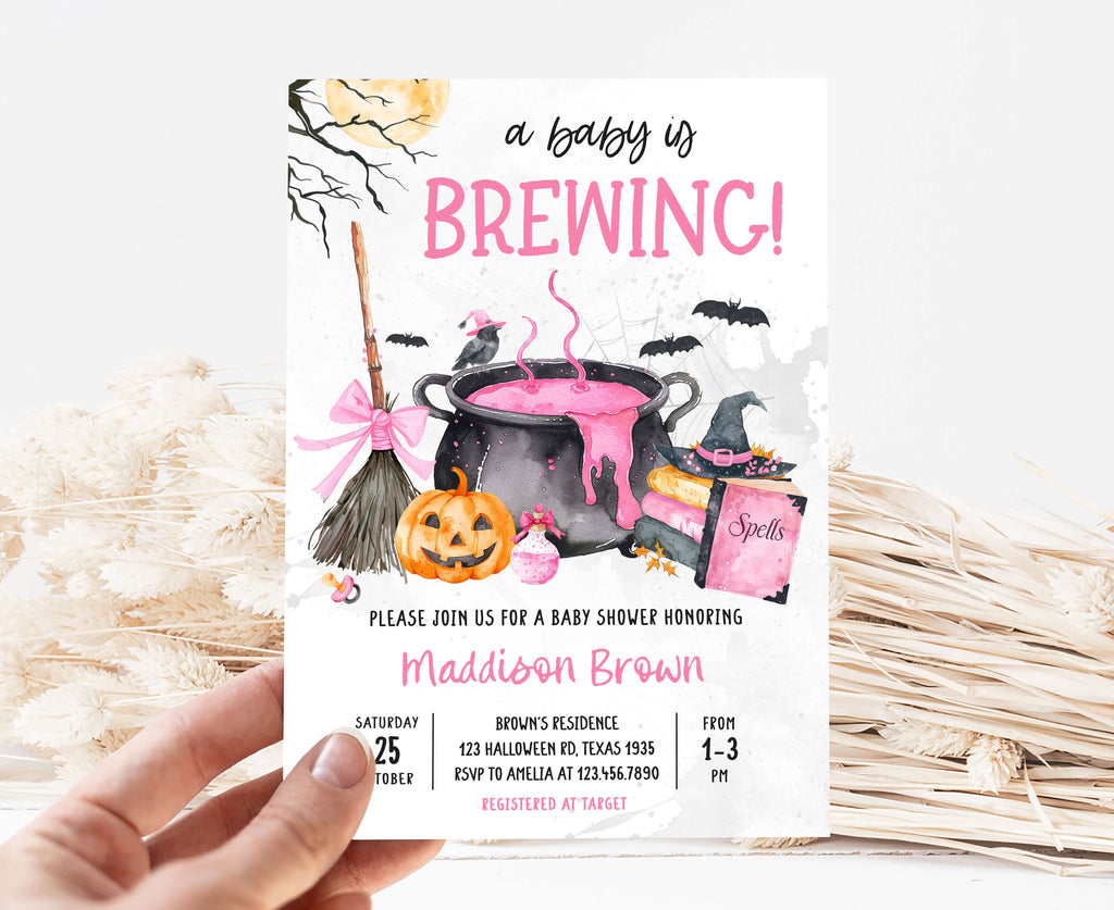 Halloween Baby Shower Invitation Girl | Baby is Brewing Pink Pumpkin & Cauldron