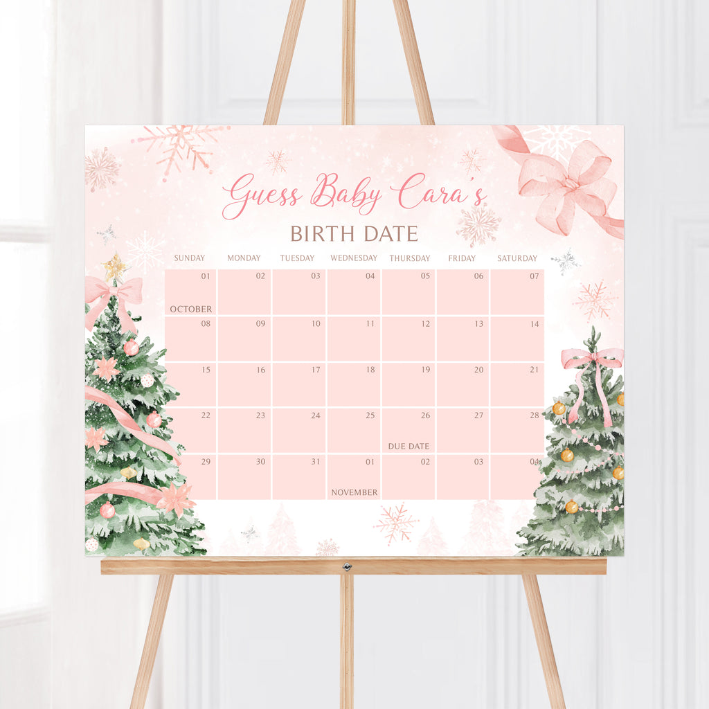 Winter wonderland pink baby shower due date calendar, fun snowflake-themed baby girl game