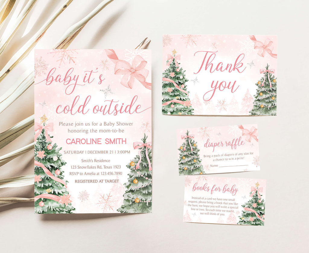 Pink winter wonderland baby shower invitation set, editable Christmas party stationery template