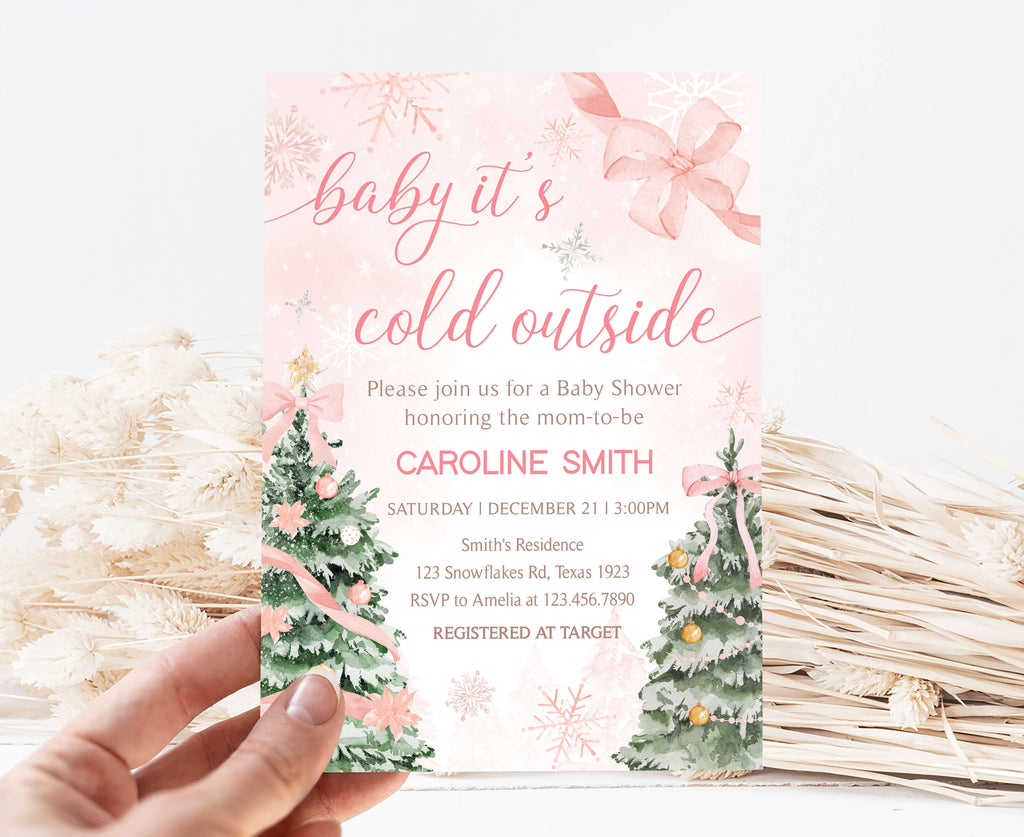 Printable pink winter wonderland baby shower invitation template, Baby it’s cold outside Christmas baby shower invite for girls