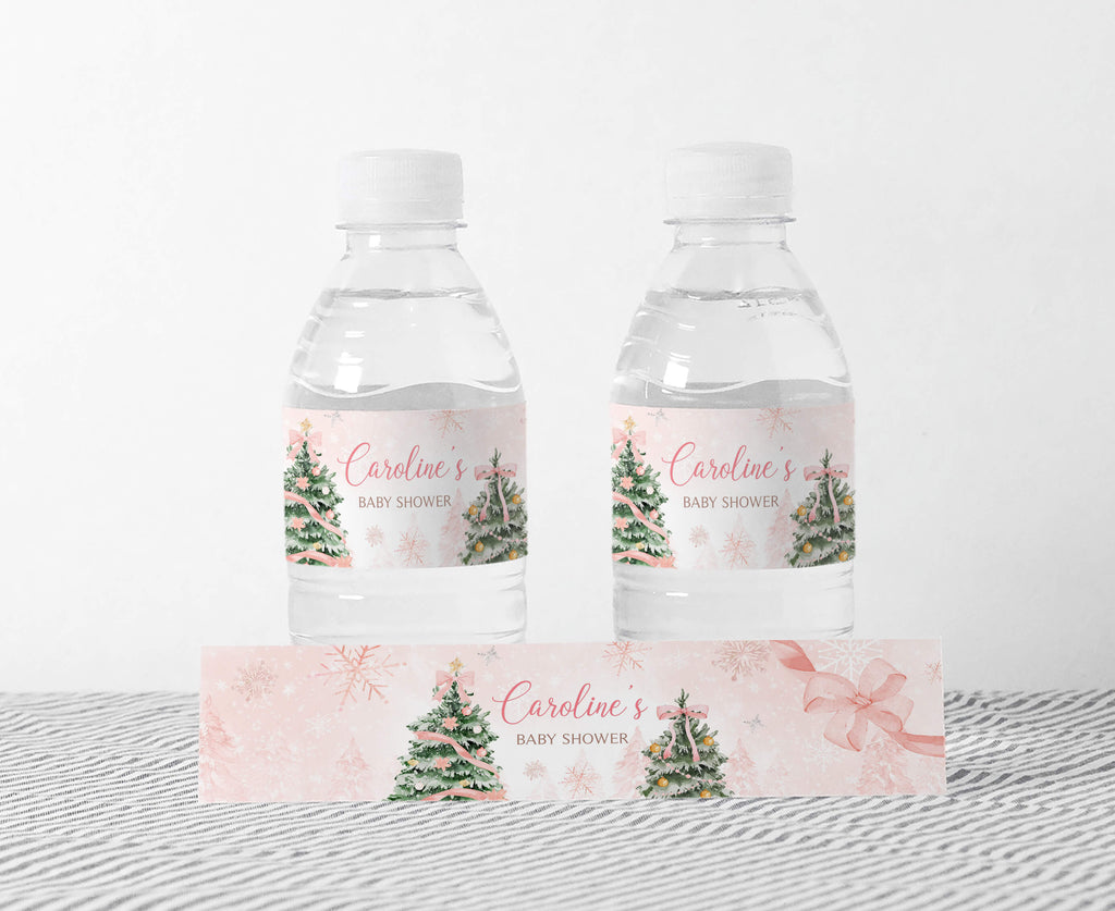 Pink winter baby shower bottle labels with snowflakes and bows, festive girl party decoration