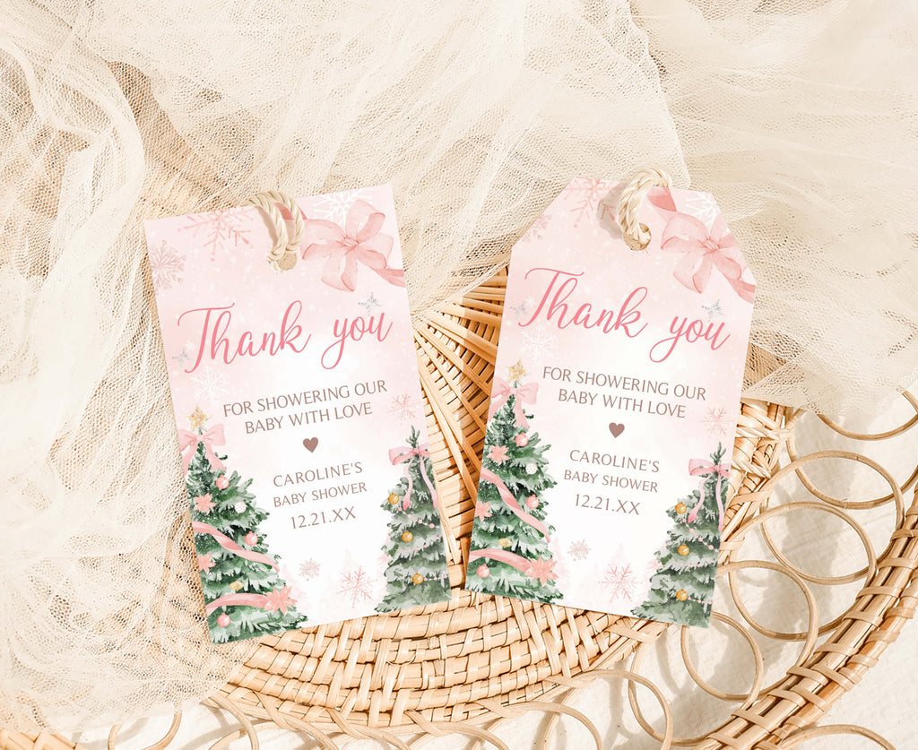 Pink Christmas baby shower favor tags with bows and snowflakes, winter wonderland thank you labels