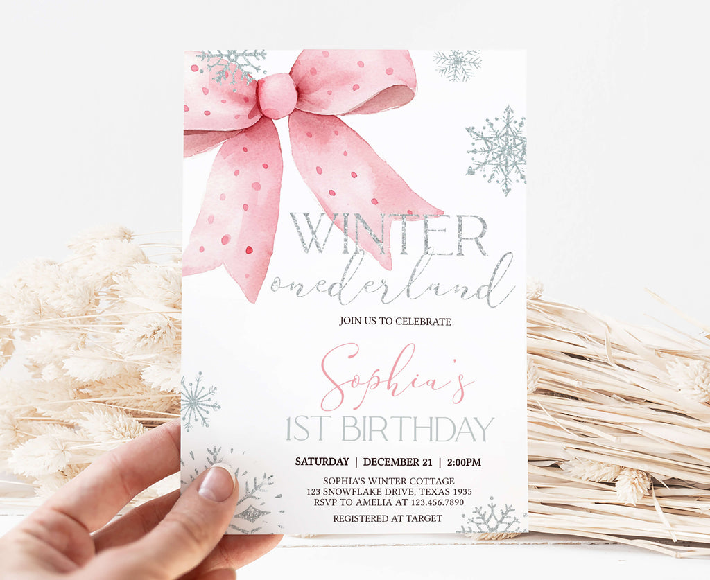 Printable Winter Onederland first birthday invitation for girls