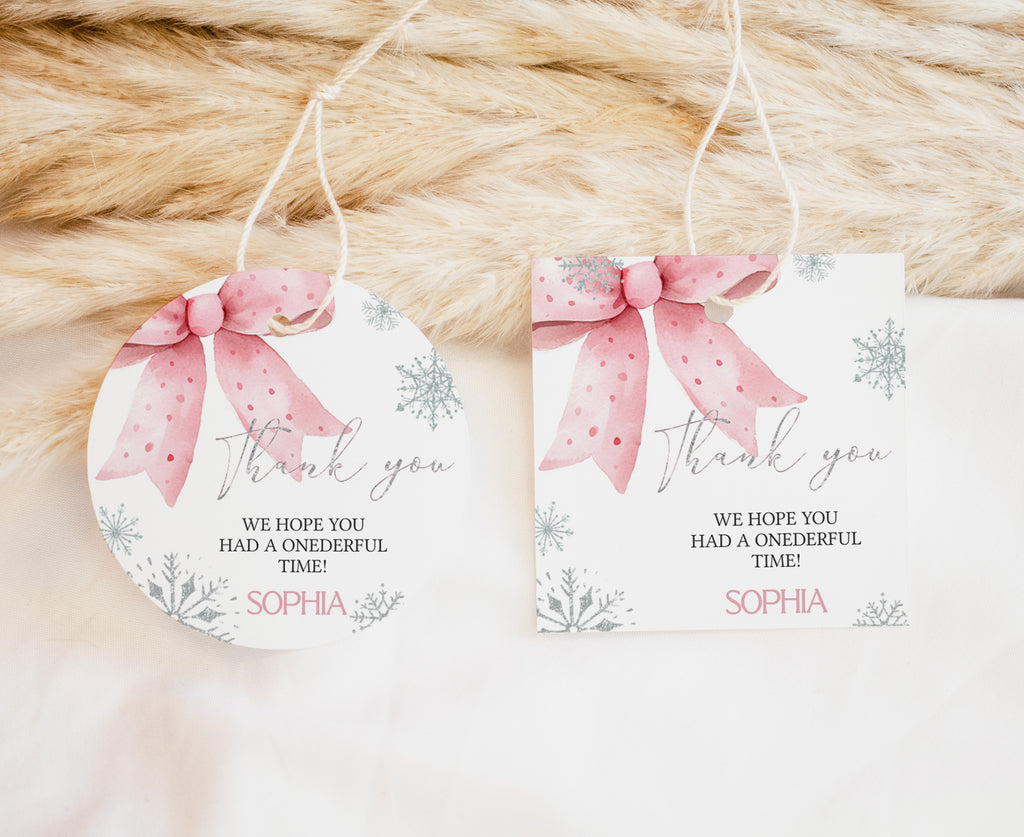 Winter Onederland party favor tags with pink bow and silver snowflake design, printable winter wonderland thank you tags for girl’s 1st birthday