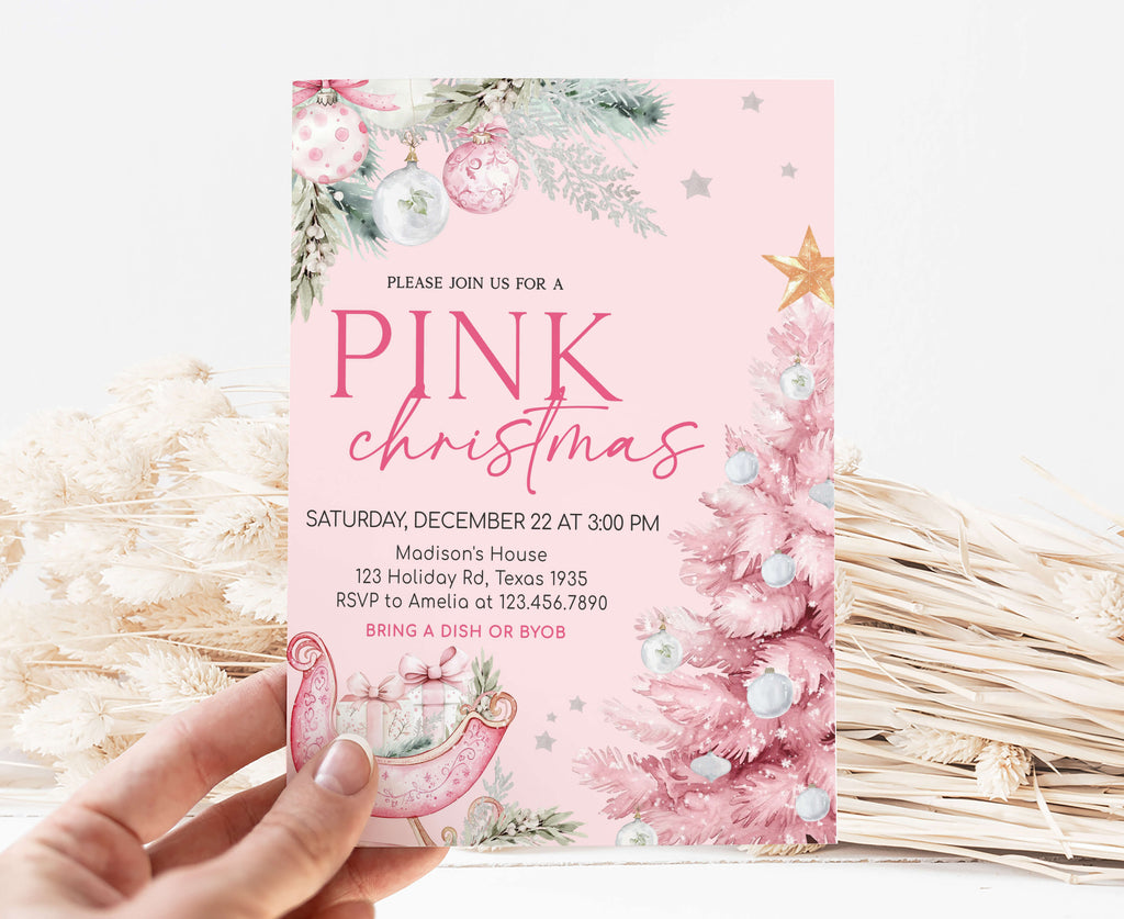 Printable pink Christmas party invitation for holiday gatherings