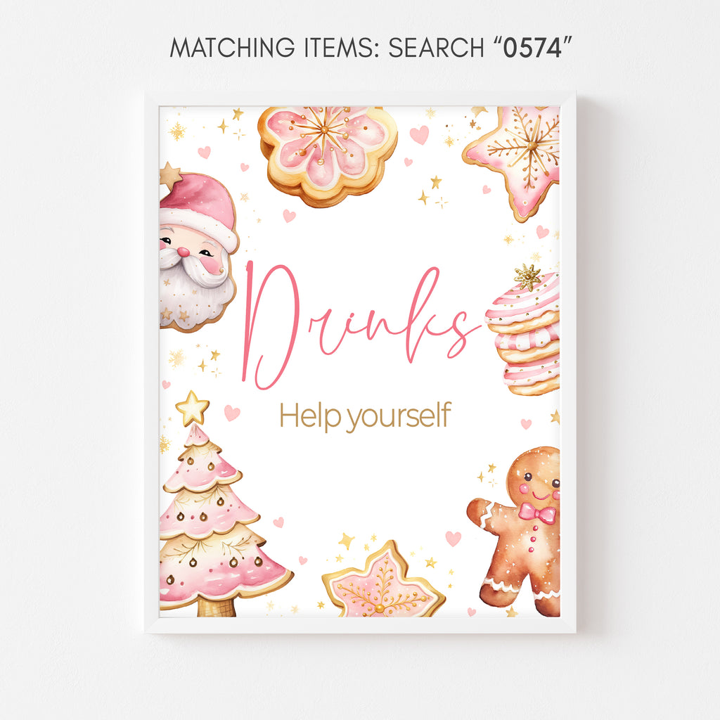 Pink Christmas baby girl shower drinks sign | Cookie holiday party printable decor