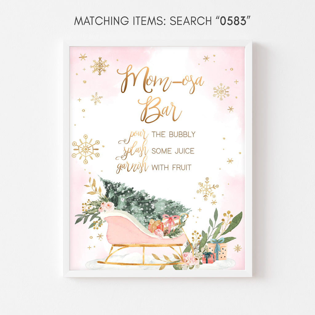 Baby shower Mom Osa bar sign in pink winter wonderland snowflake theme for girl