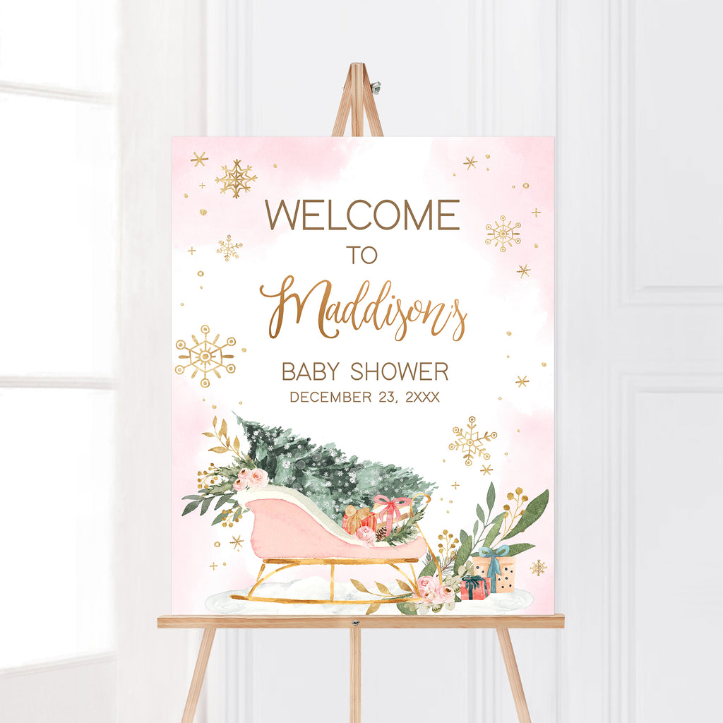 Pink winter wonderland baby shower welcome sign for girl with snowflakes and festive design