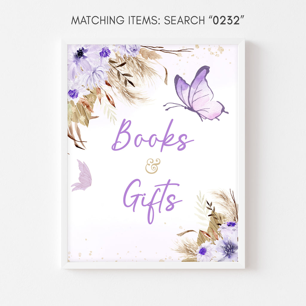 Purple Boho Butterfly Baby Shower Books and Gifts Sign