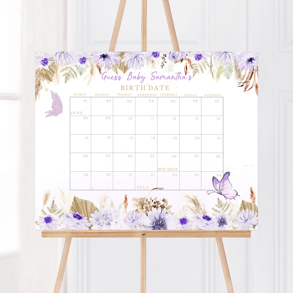 Purple Boho Butterfly Baby Shower Due Date Calendar