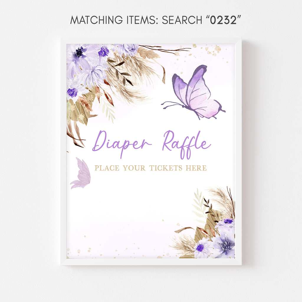 Purple Boho Butterfly Baby Shower Diaper Raffle Sign