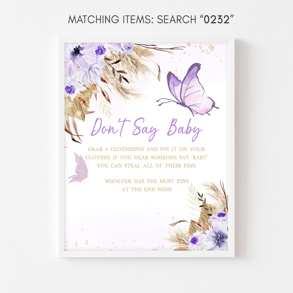 Purple Boho Butterfly Baby Shower Don't Say Baby Sign