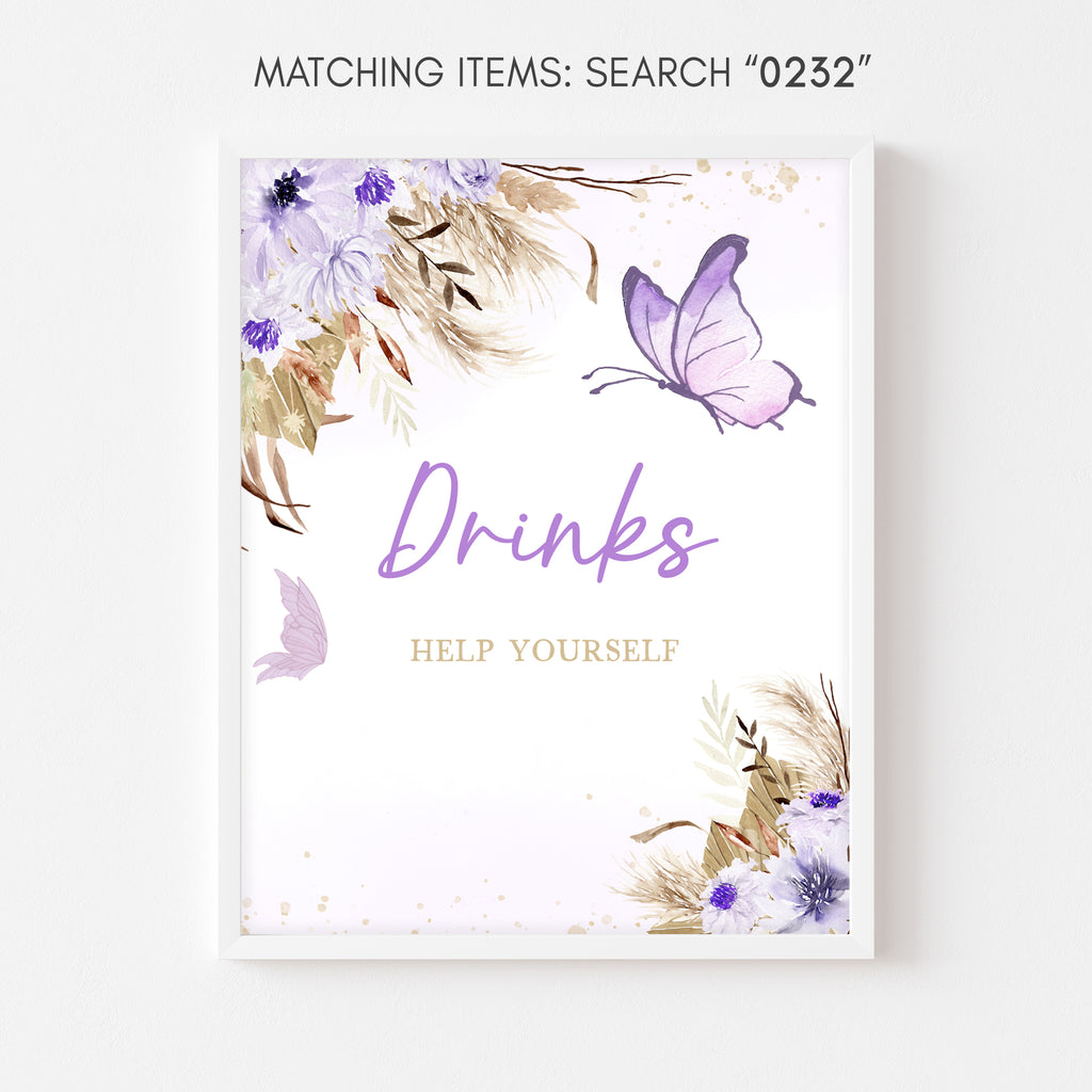 Purple Boho Butterfly Baby Shower Drinks Sign
