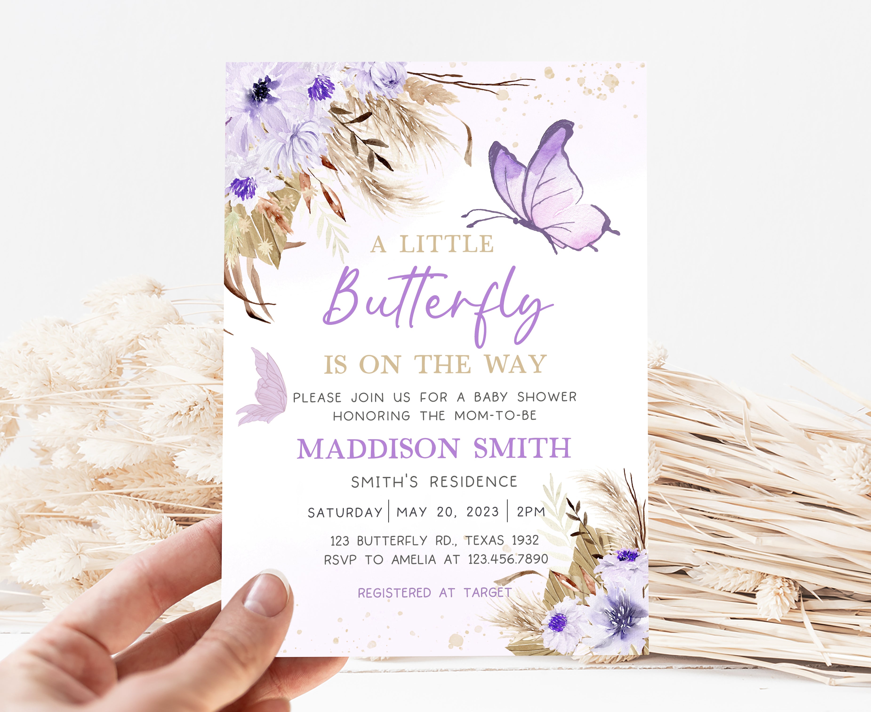 Purple Boho Butterfly Baby Shower Invitation Template Download – Cuddle ...