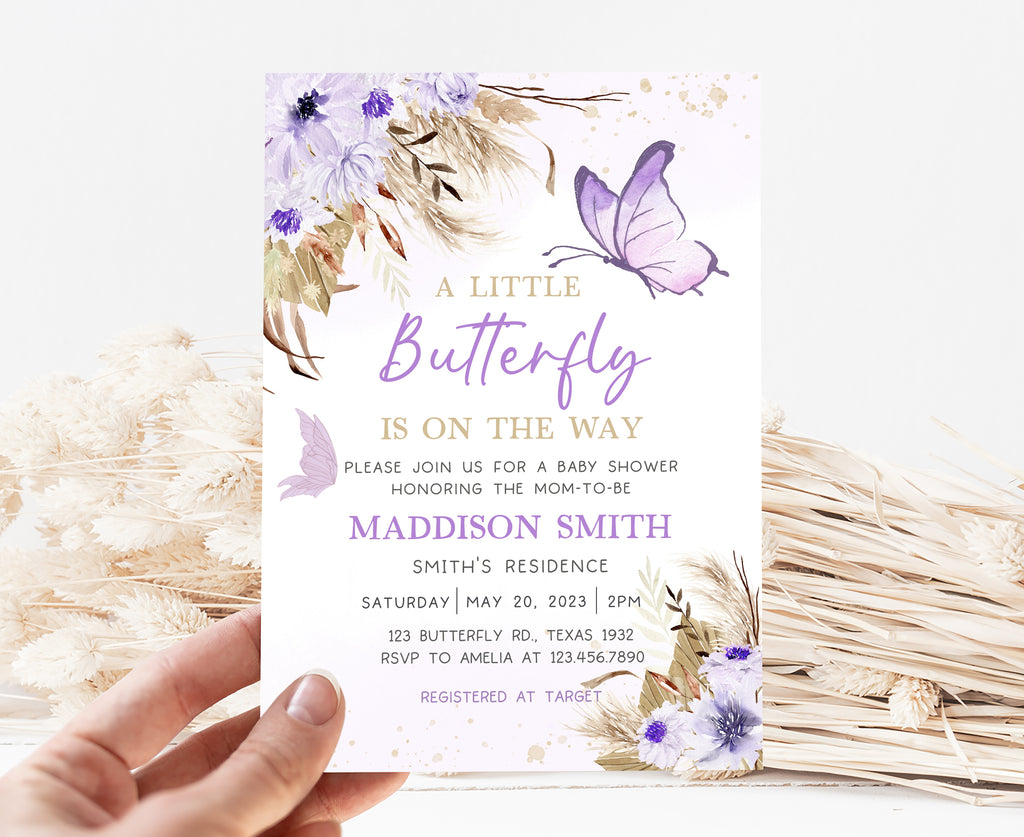 Purple Boho Butterfly Baby Shower Invitation