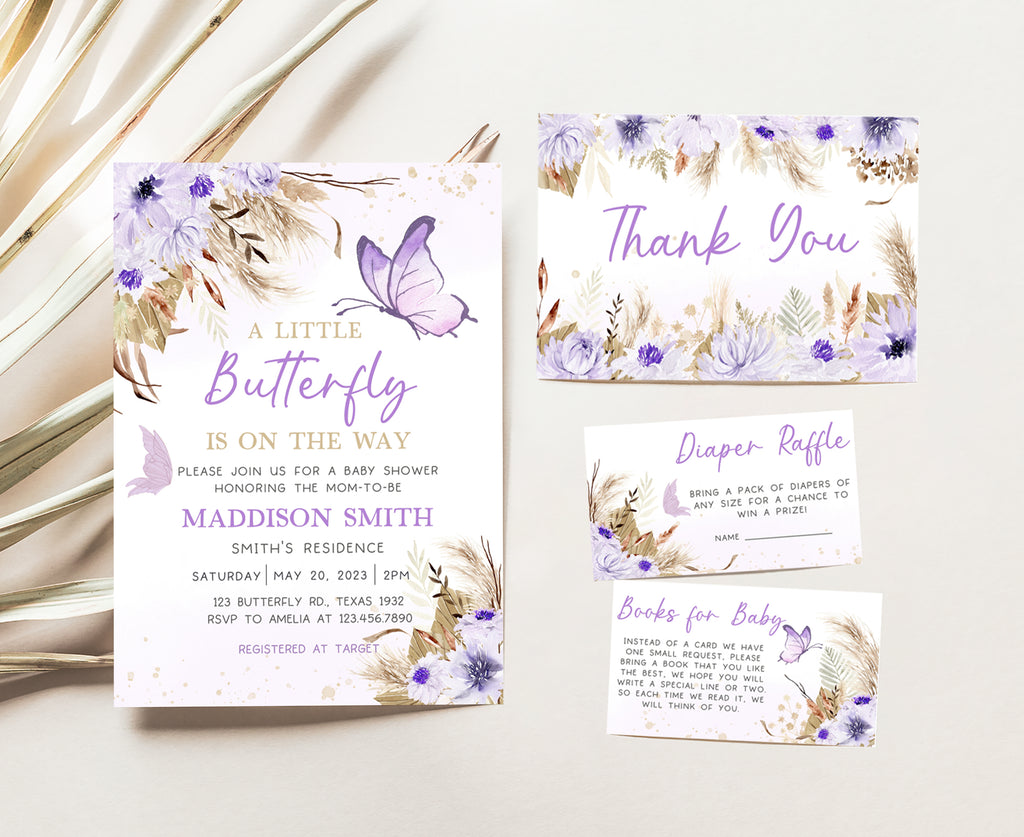 Purple Boho Butterfly Baby Shower Invitation Set