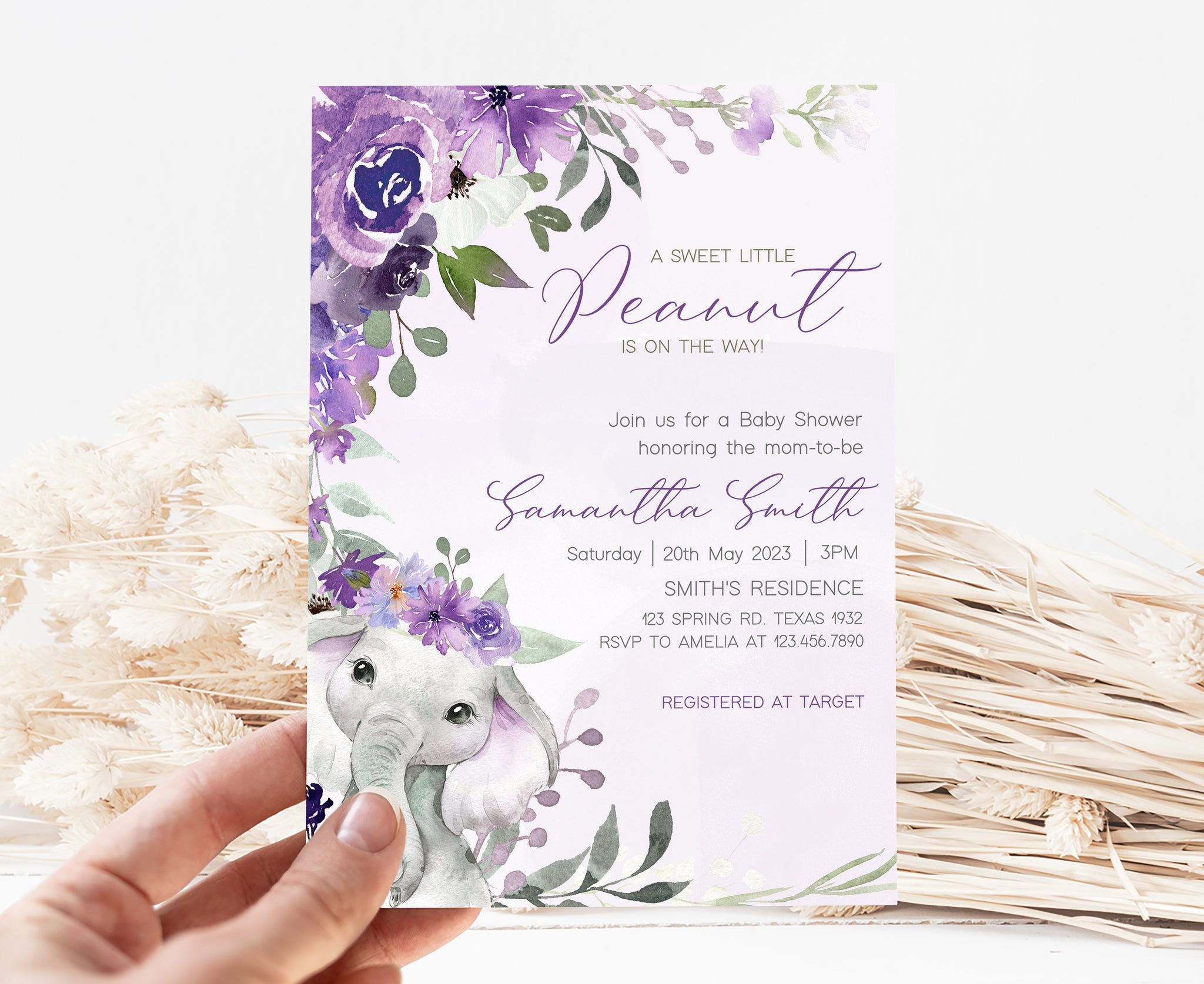 Editable Purple Elephant Baby Shower Invitation – Cuddle Palette