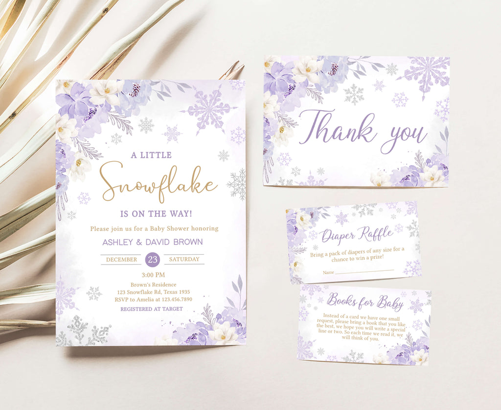 Purple A Little Snowflake Baby Shower Invitation Set