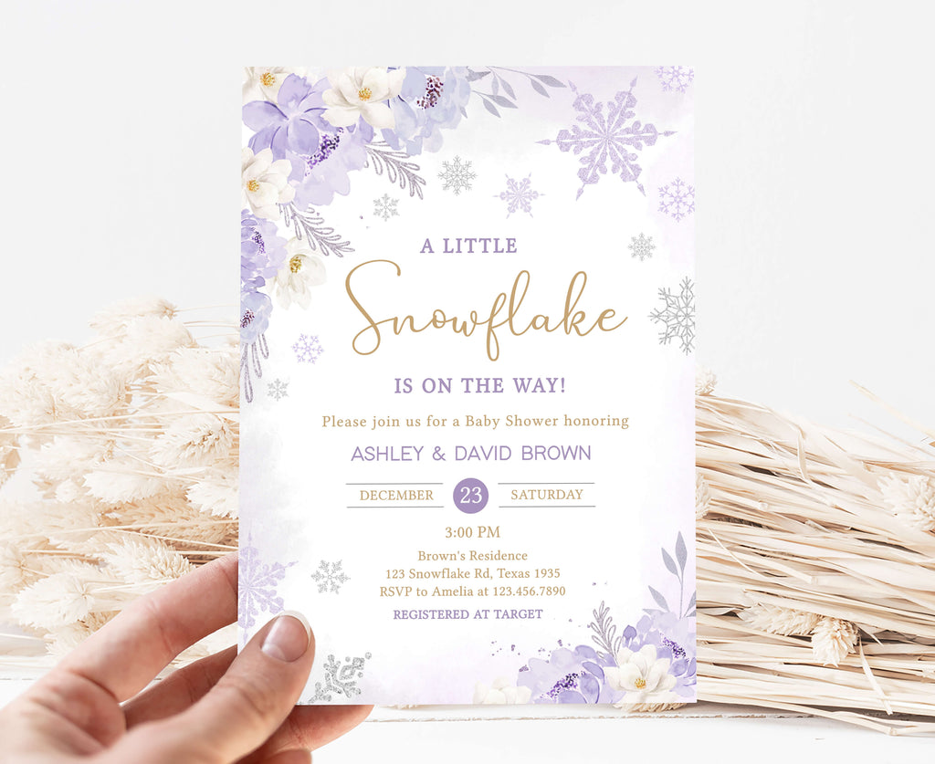Purple A Little Snowflake Baby Shower Invitation