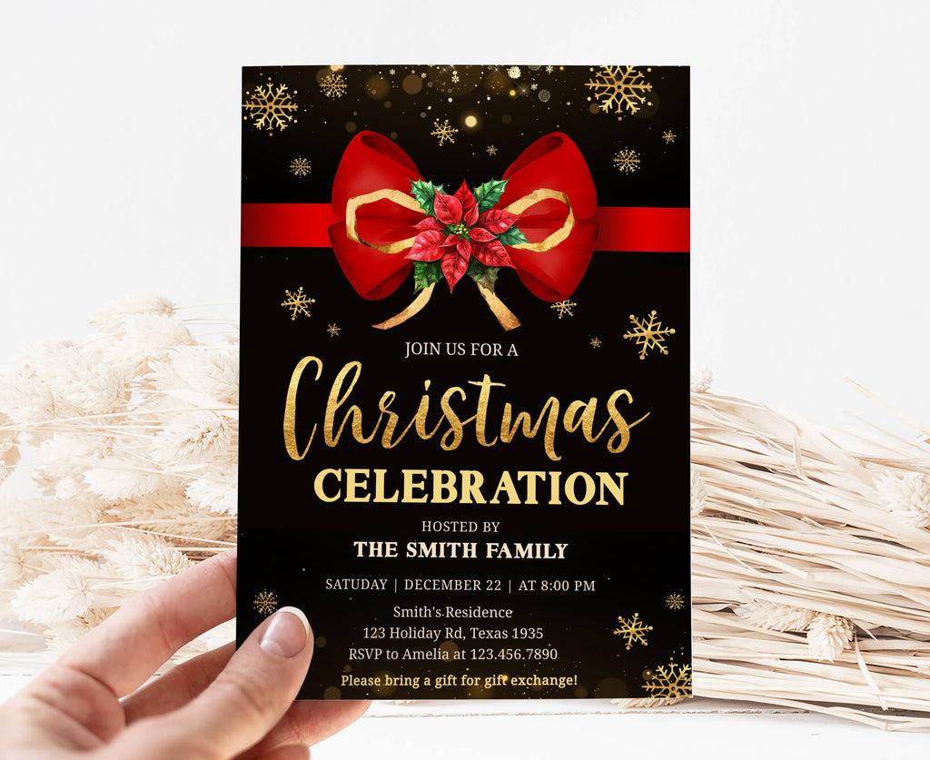 Elegant black and gold Christmas party invitation with red poinsettia design