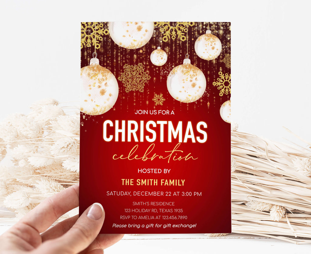 Elegant red and gold Christmas invitation with festive ornaments