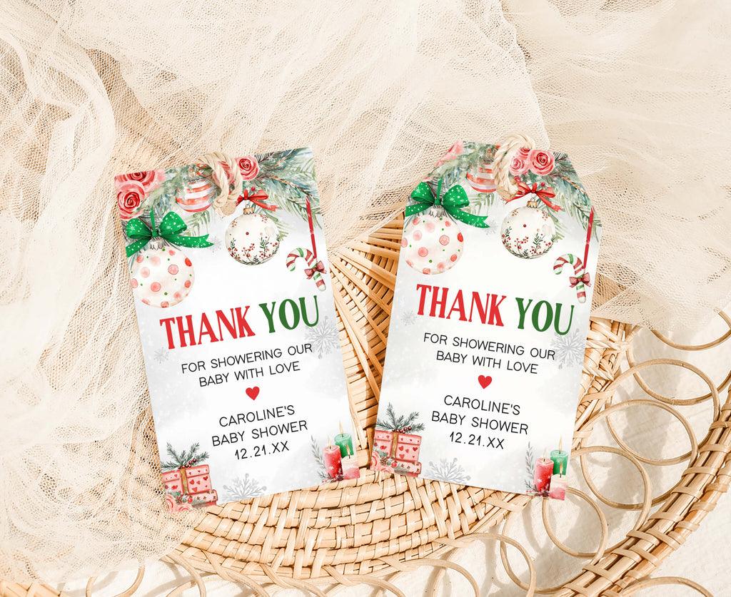 Festive Christmas baby shower favor tags, editable holiday party gift labels in red and green