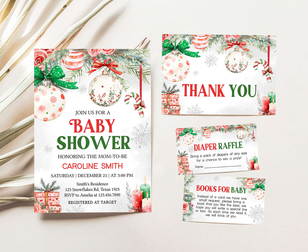 Christmas baby shower invitation set, festive printable invites with ornaments and winter candles