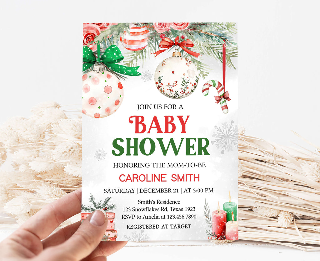 Gender neutral Christmas baby shower invitation template, printable holiday baby shower invite with ornaments and bows