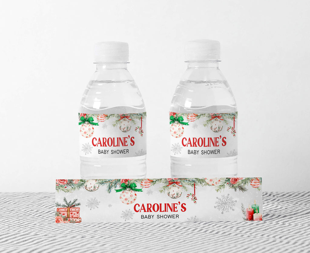 Christmas baby shower bottle labels with festive ornaments and bows, gender neutral party decor