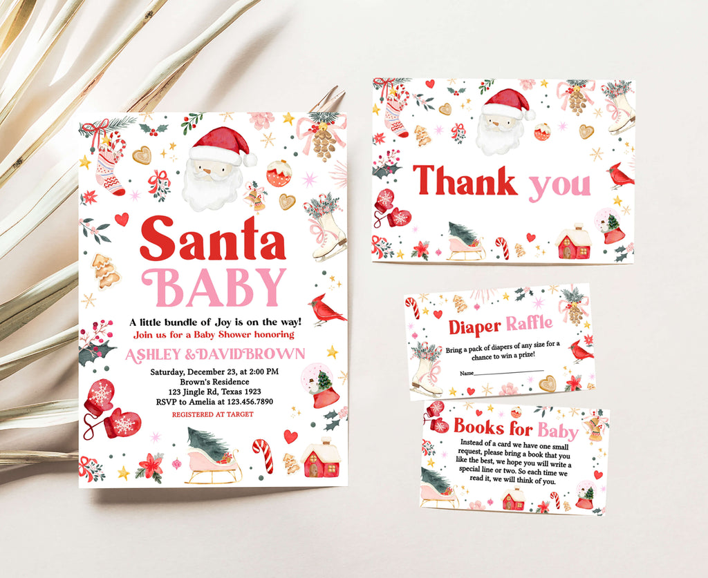 Pink Santa Baby Baby Shower Invitation Set