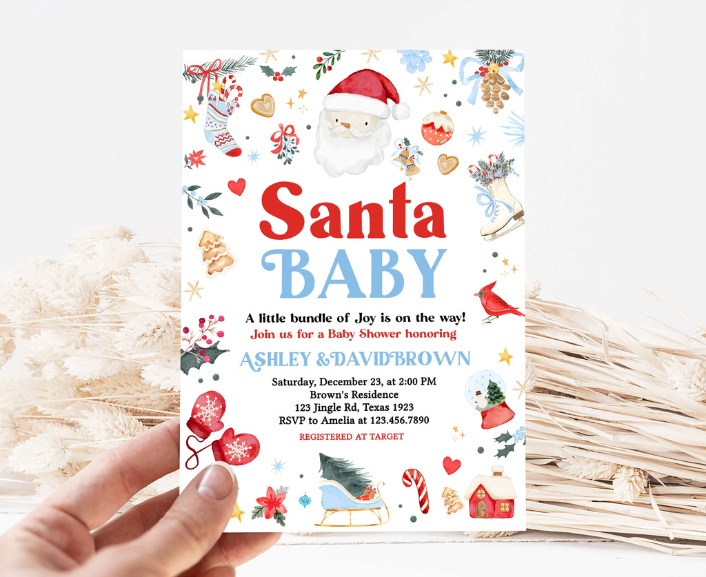 Blue Santa Baby Baby Shower Invitation