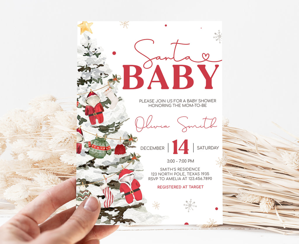 Christmas themed gender neutral baby shower invitation, Printable Santa baby holiday baby shower invite
