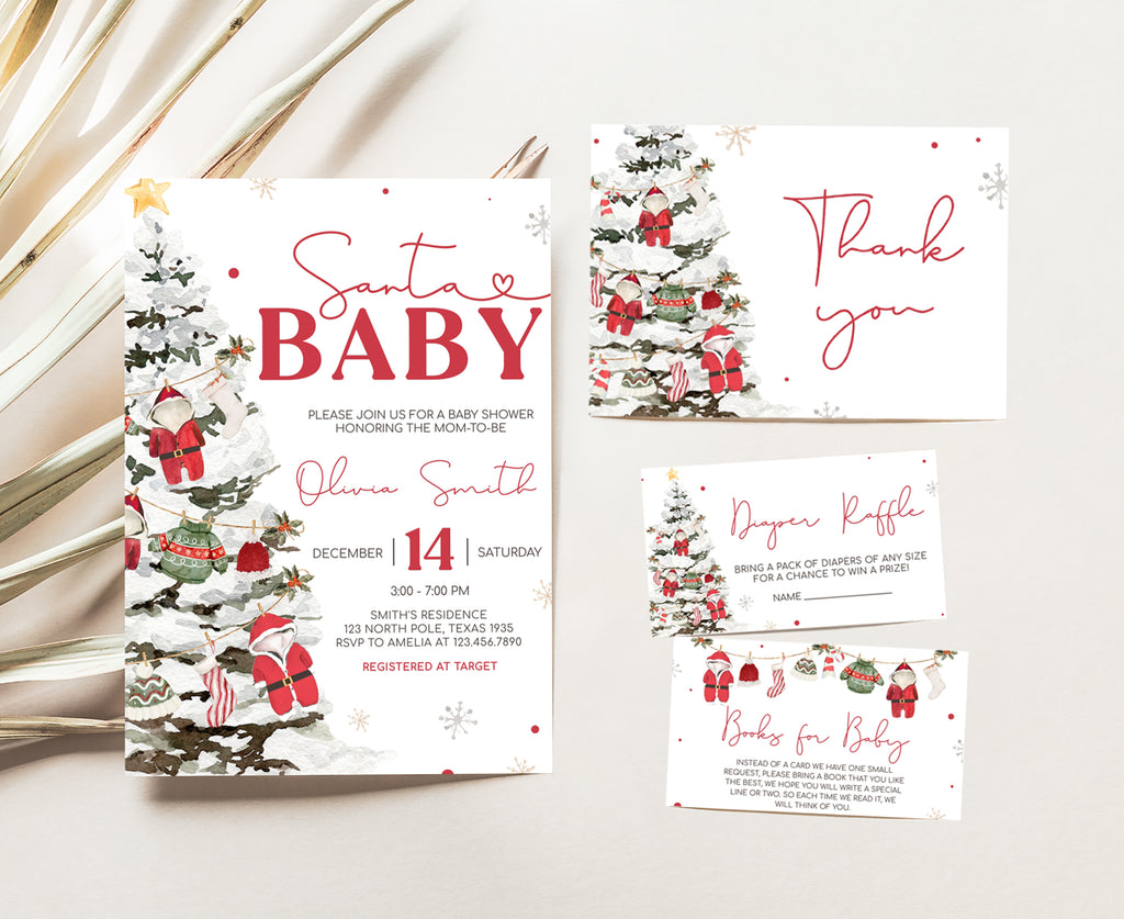 Christmas baby shower invitation set | Santa Baby holiday invite bundle printable