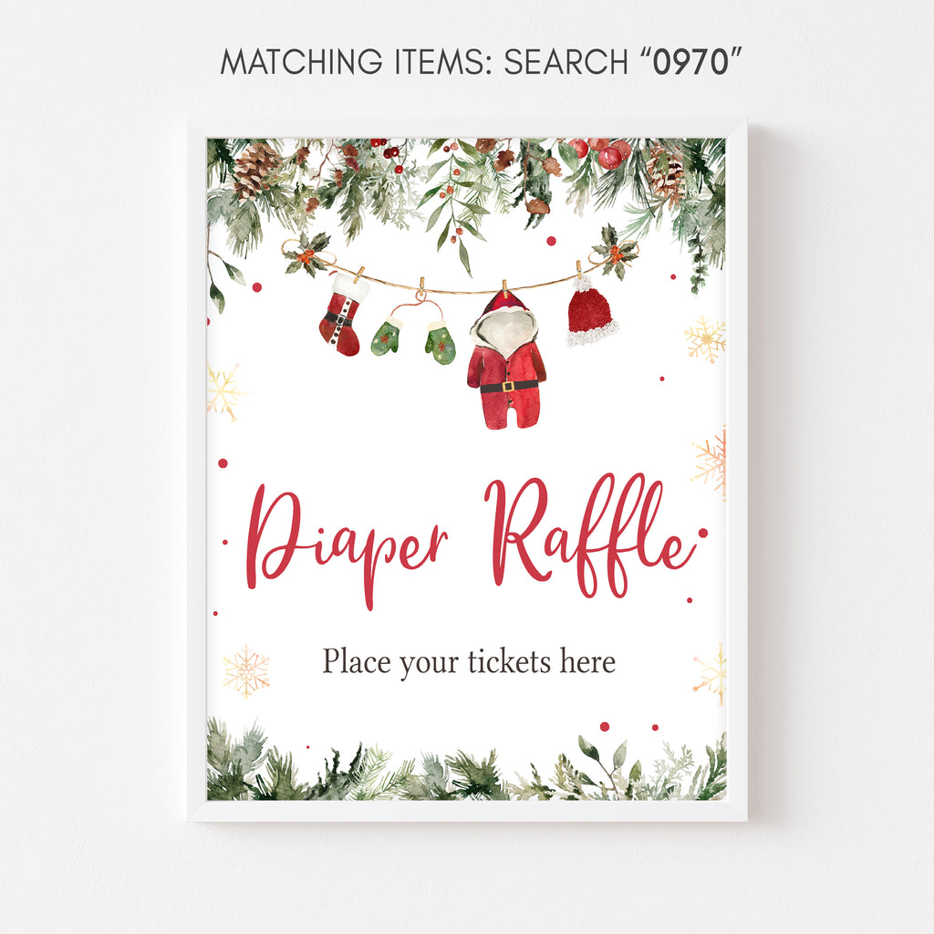 Santa baby shower diaper raffle sign with Christmas greenery, festive holiday design