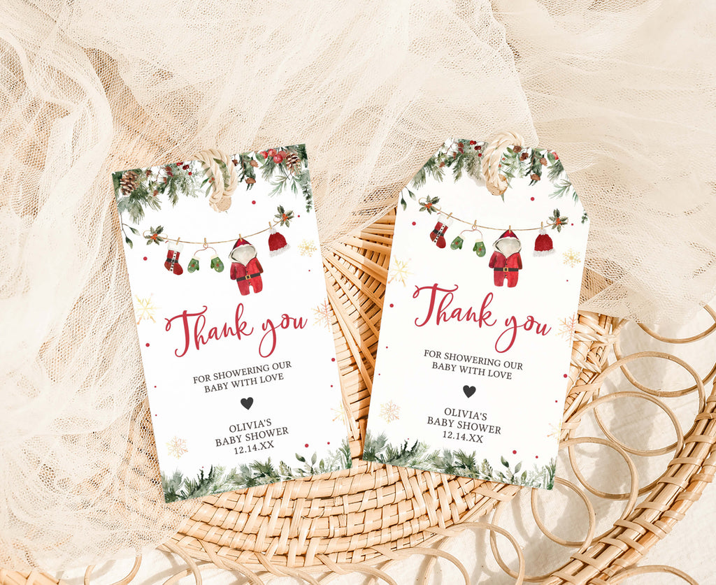 Printable Santa baby shower favor tags with Christmas design, ideal for festive holiday party gifts