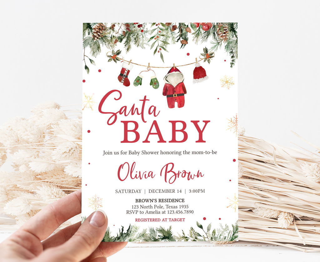 Printable Christmas baby shower invitation template, Gender neutral Santa baby shower invitation