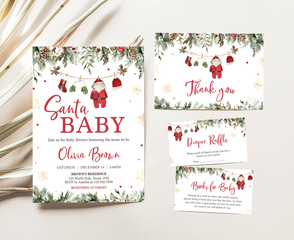 Christmas baby shower invitation set with Santa baby theme, editable and gender neutral holiday design