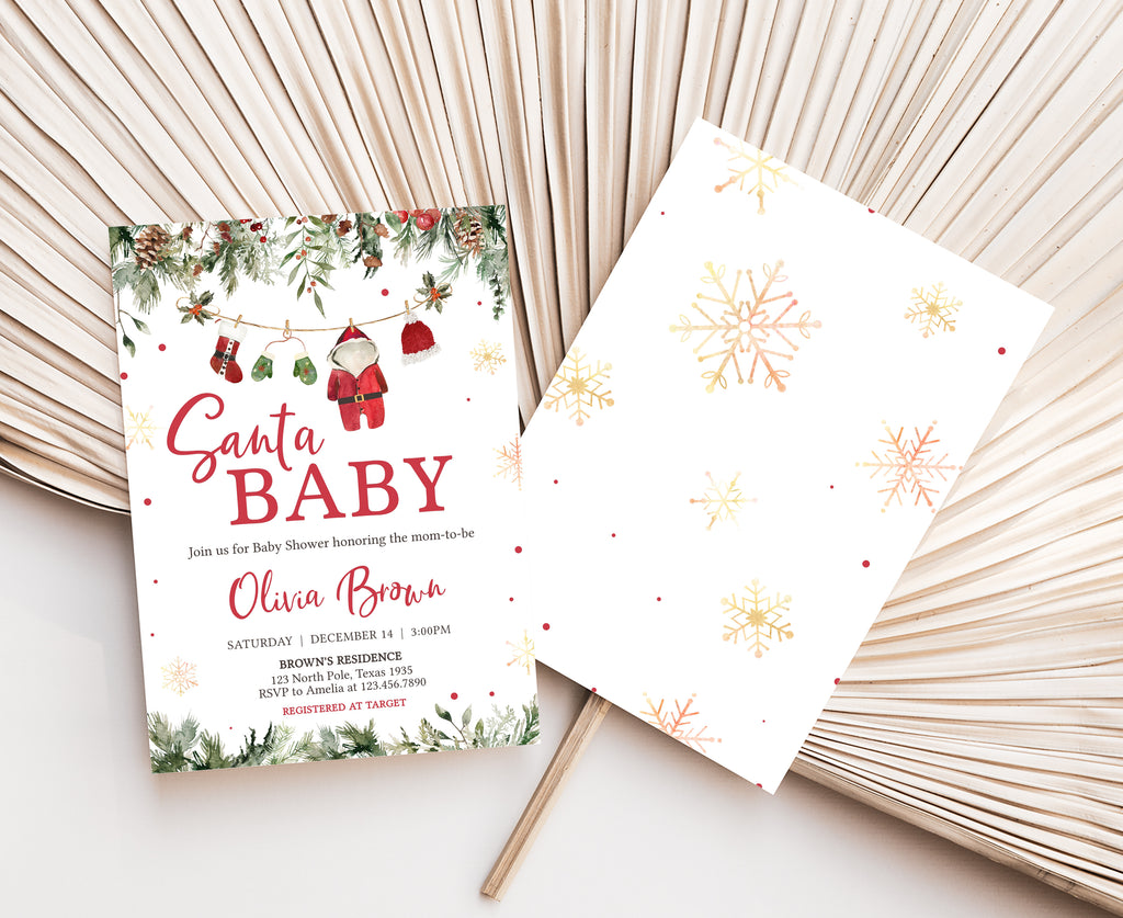 Christmas Baby Shower Invitation | Santa Baby Gender Neutral Invite, Rustic Winter Baby Shower Invitation | Editable Holiday Shower Template
