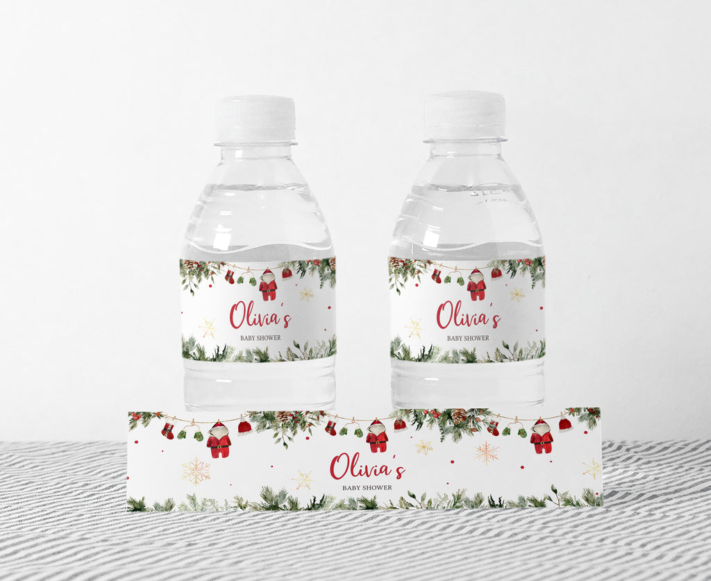 Christmas baby shower bottle labels with festive Santa theme, perfect for holiday party favors