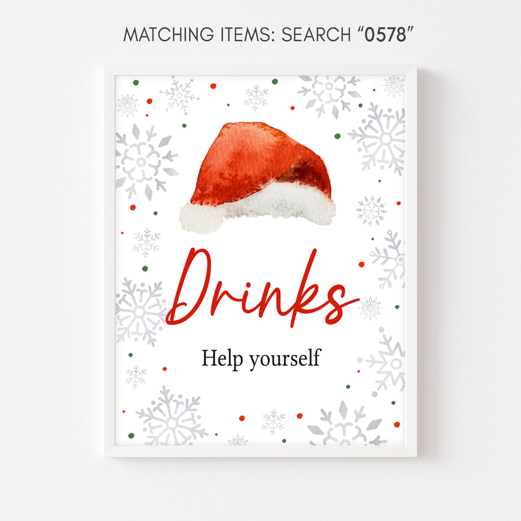 Christmas baby shower drinks sign with snowflake and Santa hat design, festive gender neutral holiday beverage station décor