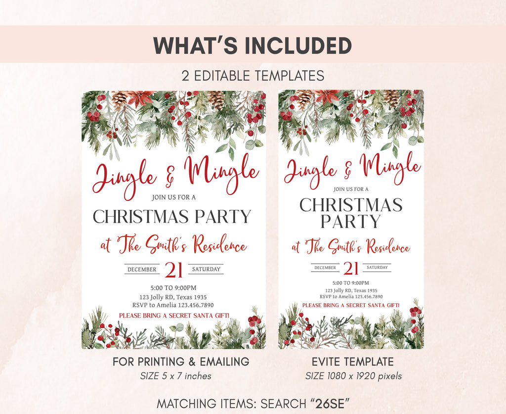 Elegant winter foliage Christmas party stationery