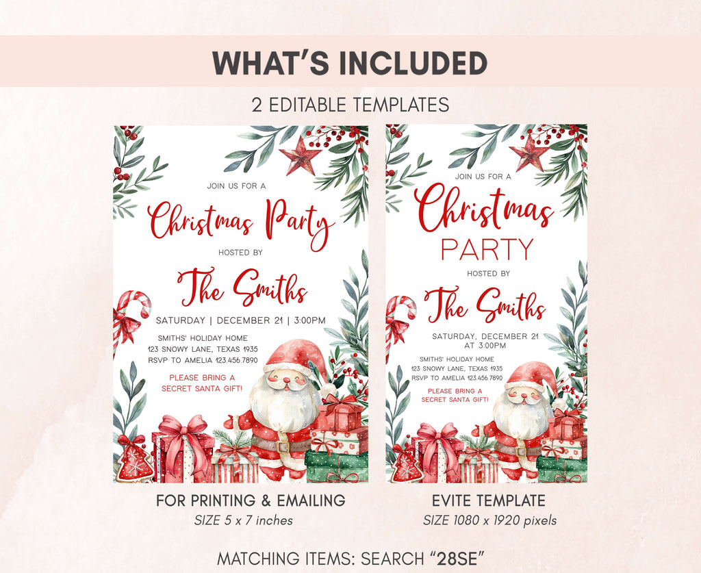 digital holiday invitation card with Santa and Christmas presents