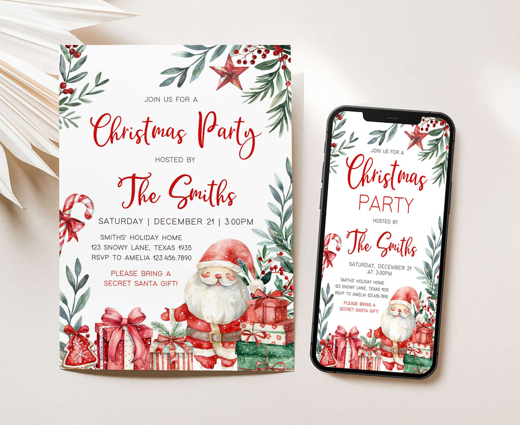 printable Christmas celebration invitation featuring watercolor greenery