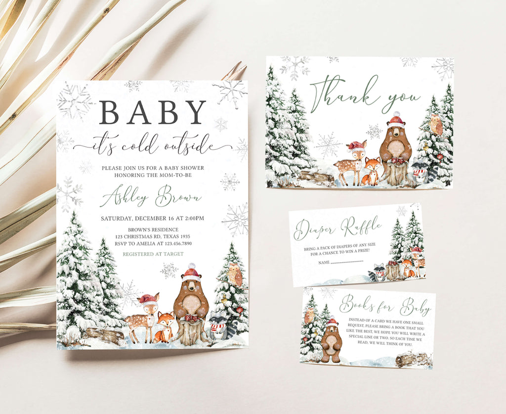 Christmas woodland baby shower invitation set with rustic animals, snowflakes, and gender neutral winter theme