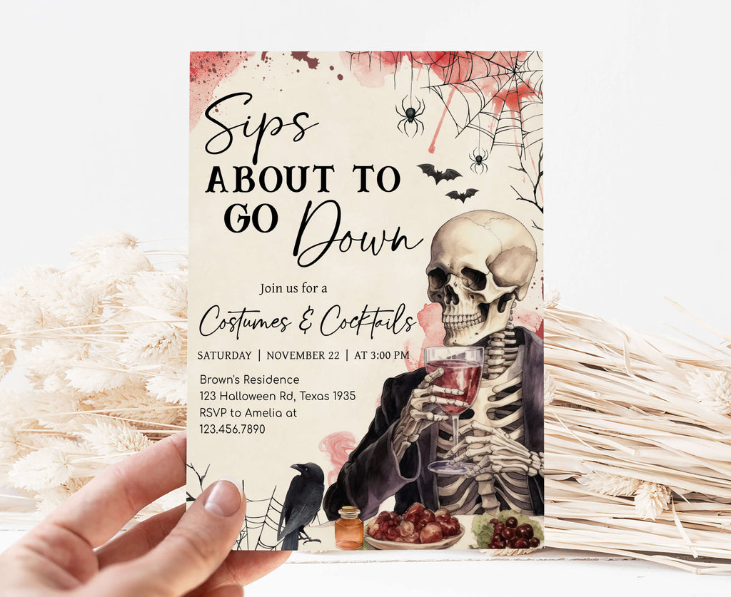 Editable skeleton Halloween party invitation for adults
