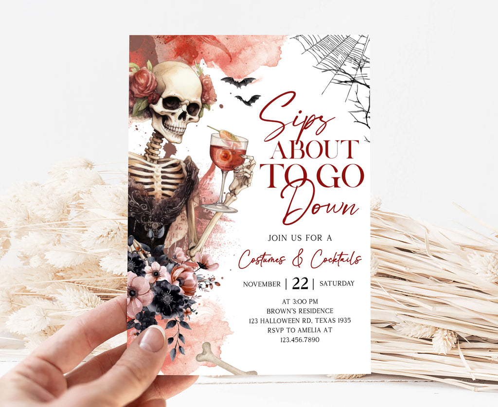 Elegant skeleton lady Halloween costume and cocktails invite