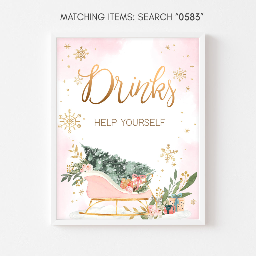 Winter wonderland baby shower drinks sign in pink snowflake design for girl