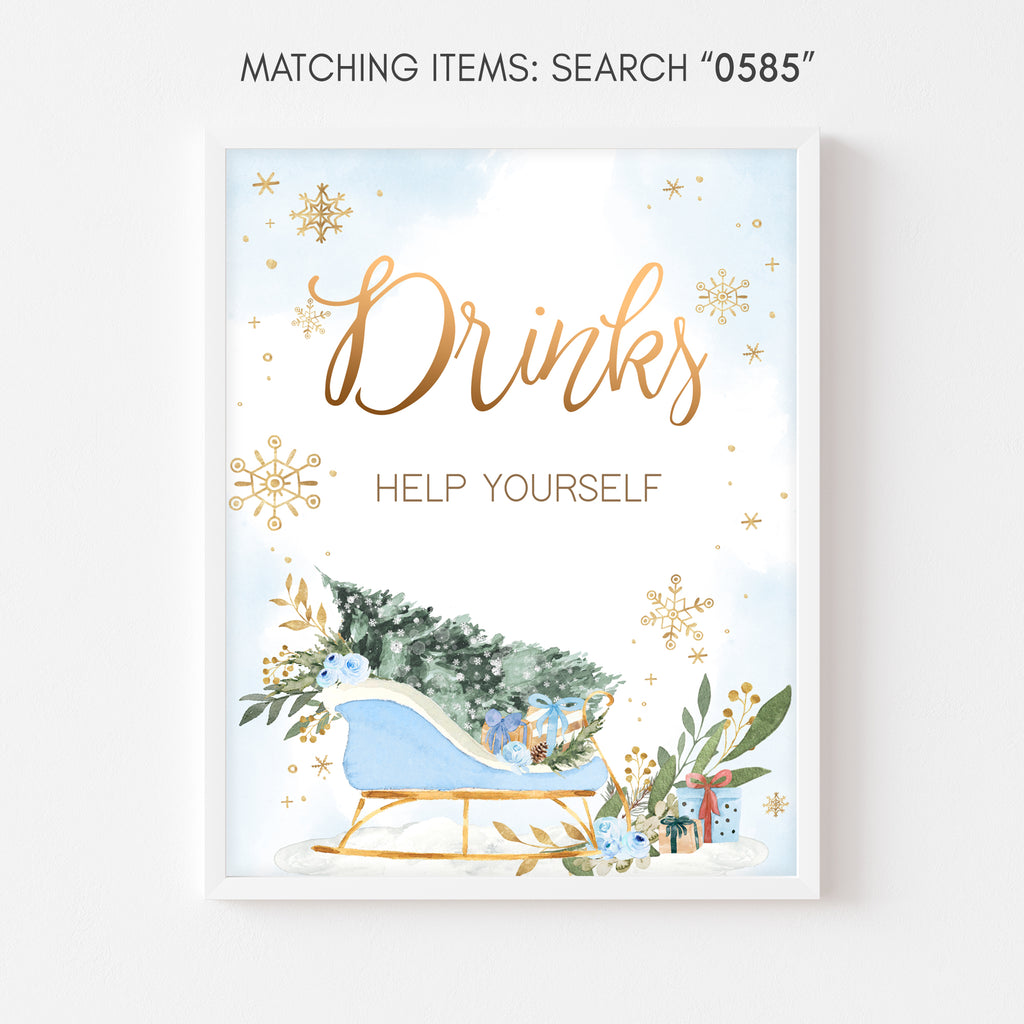 Baby it’s cold outside winter baby shower drinks sign boy with sleigh and greenery